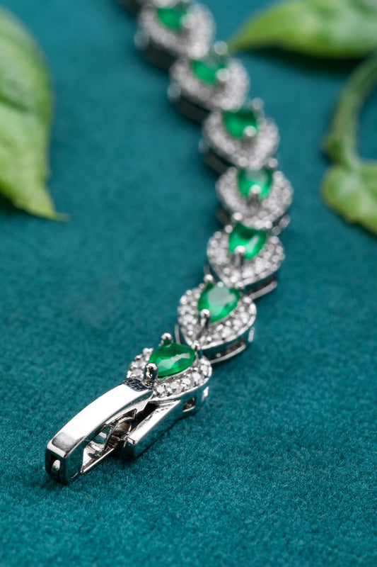 Emerald Colour Drop-Shaped Stone with CZ Diamond Border White Rhodium Polish 6.5-Inch Elegant Jewellery