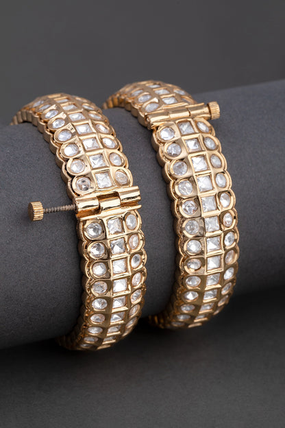 Classic White Uncut Kundan Bangles Gold Polish Openable Size 2.6