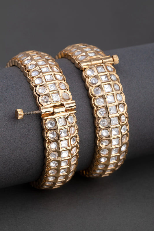 Classic White Uncut Kundan Bangles Gold Polish Openable Size 2.6