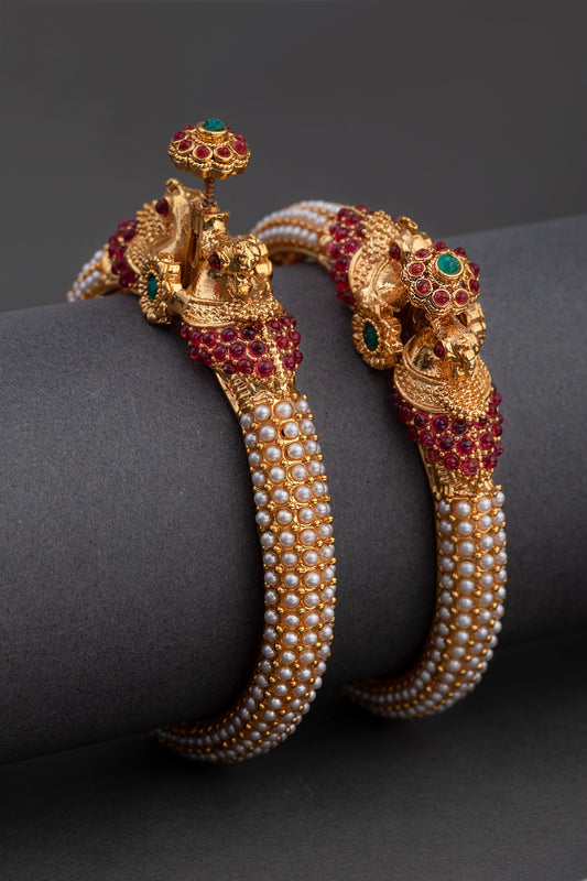TEMPLE Vintage Peacock & Pearl Bangles in Temple Gold Finish  Openable  Size 2.4