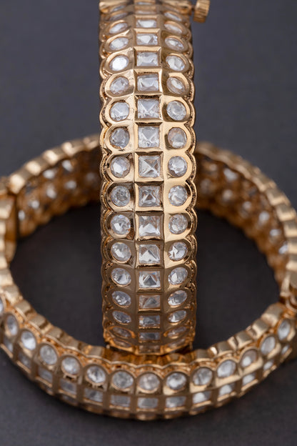 Classic White Uncut Kundan Bangles  Gold Polish  Openable  Size 2.6