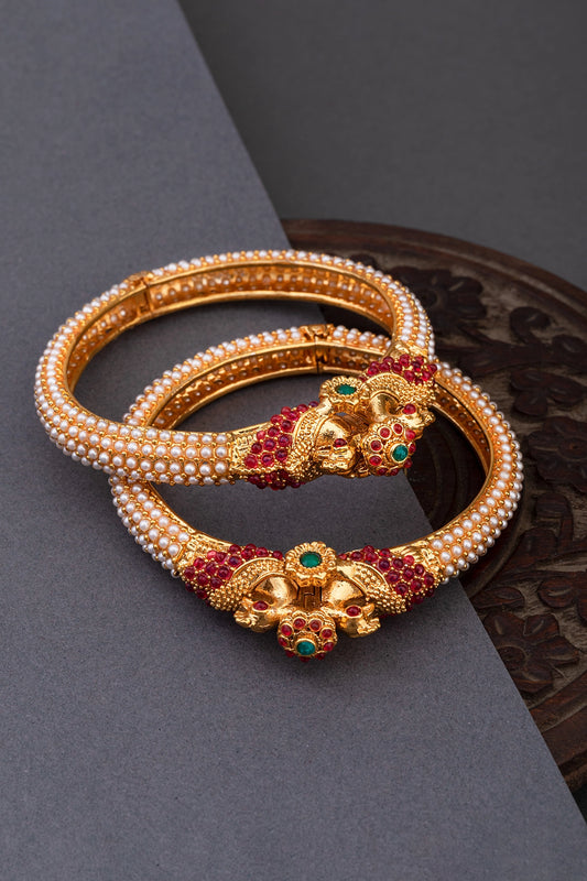 TEMPLE Vintage Peacock & Pearl Bangles in Temple Gold Finish  Openable  Size 2.4