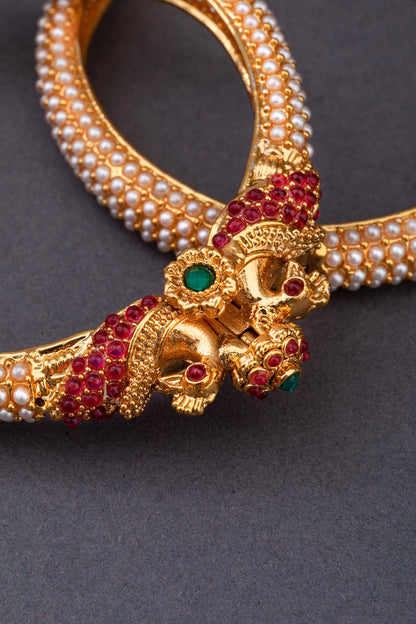 TEMPLE Vintage Peacock & Pearl Bangles in Temple Gold Finish  Openable  Size 2.4