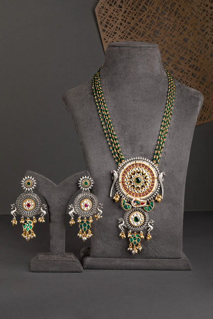 Hand Jadau Kundan Pendant in Multi-Layer Crystal Strings  Antique Gold Polish  24-Inch Adjustable Thread