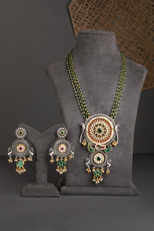 Hand Jadau Kundan Pendant in Multi-Layer Crystal Strings  Antique Gold Polish  24-Inch Adjustable Thread