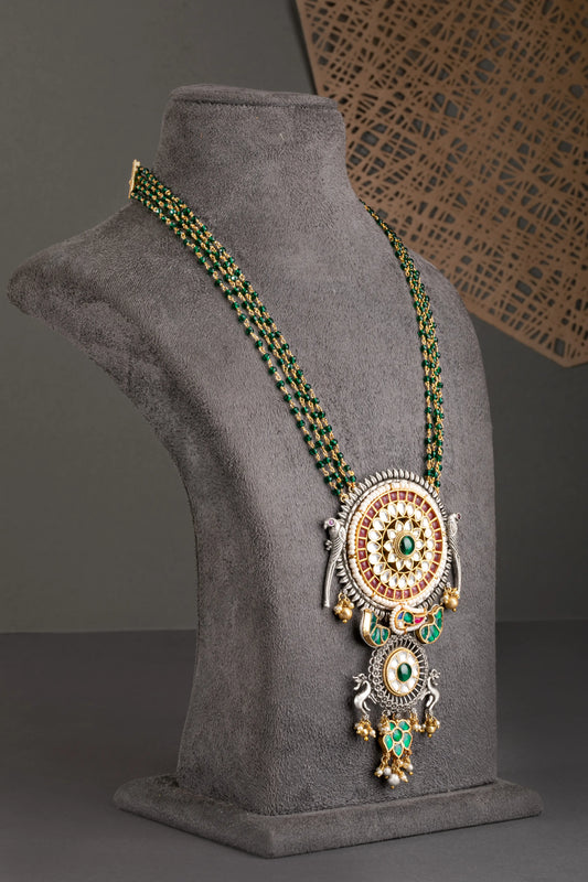 Hand Jadau Kundan Pendant in Multi-Layer Crystal Strings  Antique Gold Polish  24-Inch Adjustable Thread