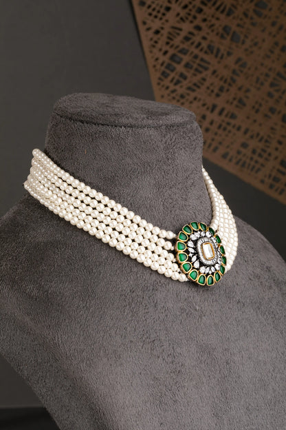 Hand Jadau Kundan Choker Pendant  Multi-Layer Crystal Strings  Black Rhodium Polish  Green Stone