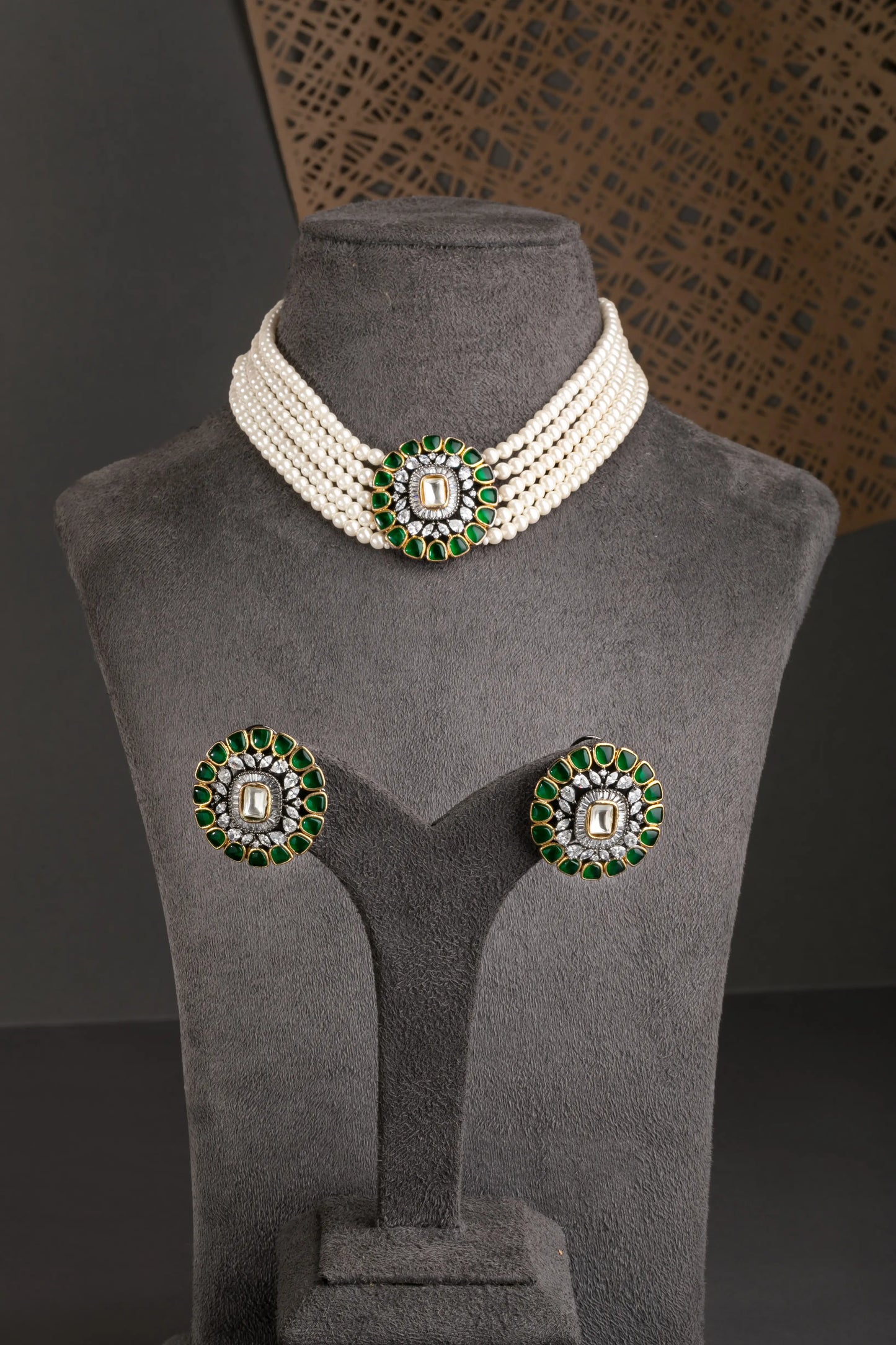 Hand Jadau Kundan Choker Pendant  Multi-Layer Crystal Strings  Black Rhodium Polish  Green Stone