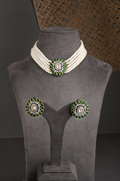 Hand Jadau Kundan Choker Pendant  Multi-Layer Crystal Strings  Black Rhodium Polish  Green Stone