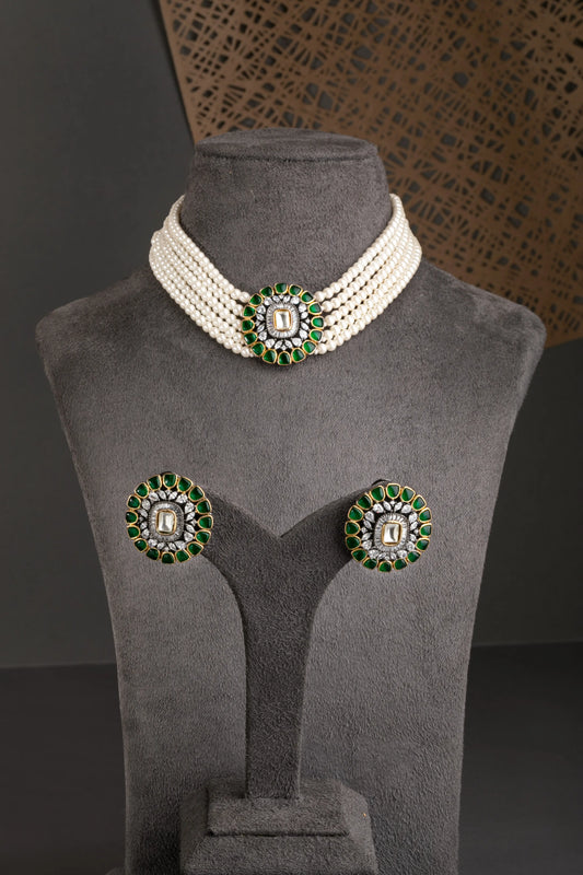 Hand Jadau Kundan Choker Pendant  Multi-Layer Crystal Strings  Black Rhodium Polish  Green Stone