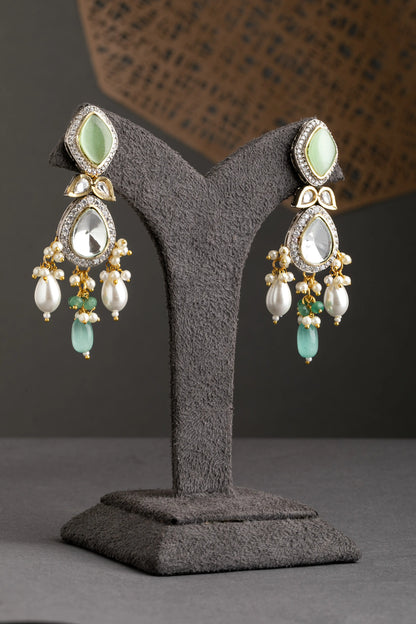 Fusion Choker in Diamonds & Jadau Kundan with Mint Green Beads  White Rhodium & Gold Polish  Adjustable Thread