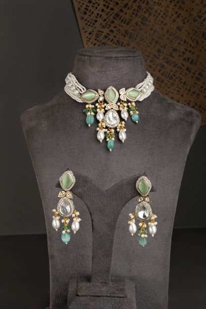 Fusion Choker in Diamonds & Jadau Kundan with Mint Green Beads White Rhodium & Gold Polish Adjustable Thread