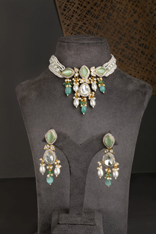 Fusion Choker in Diamonds & Jadau Kundan with Mint Green Beads White Rhodium & Gold Polish Adjustable Thread