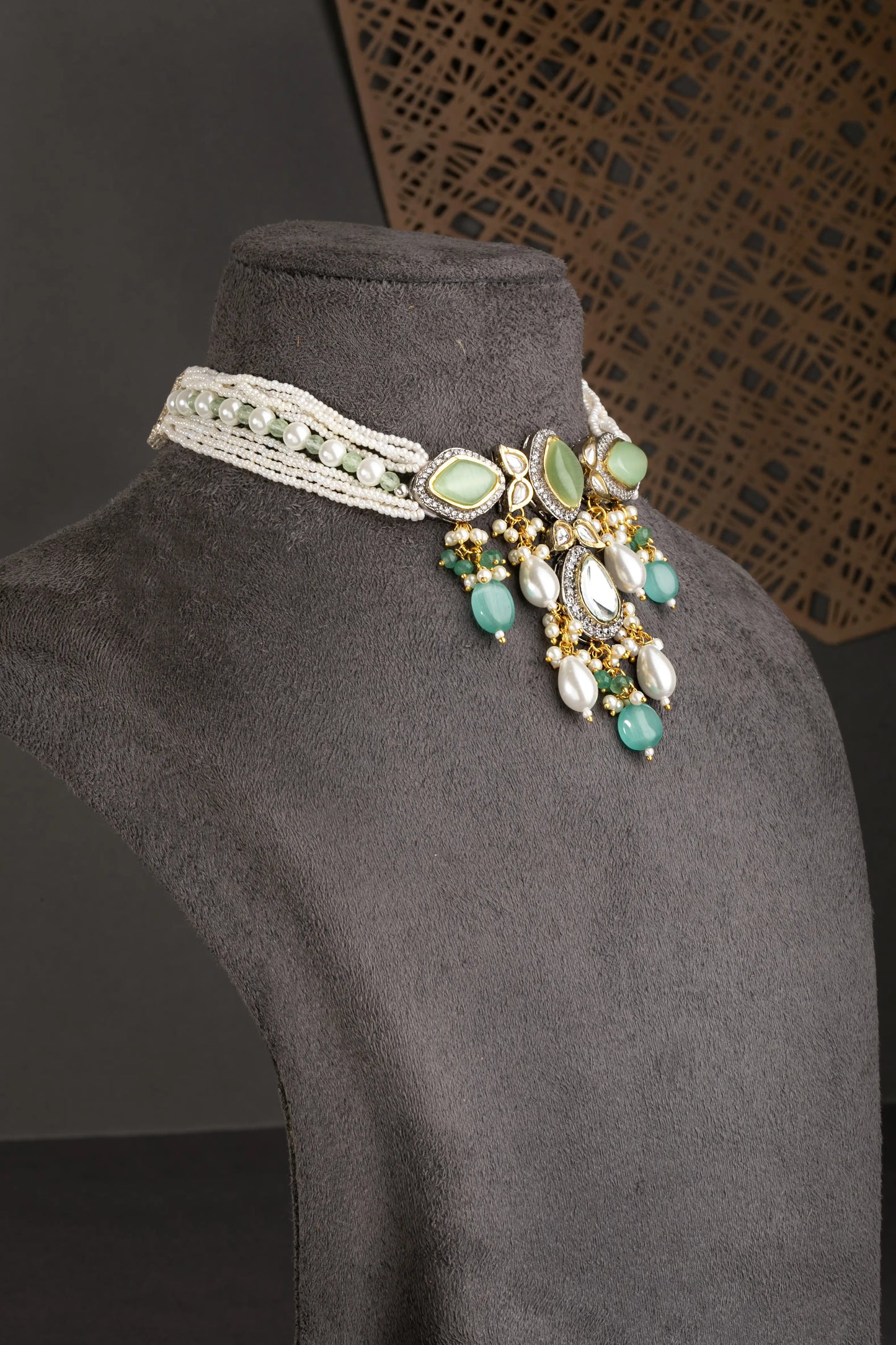 Fusion Choker in Diamonds & Jadau Kundan with Mint Green Beads  White Rhodium & Gold Polish  Adjustable Thread