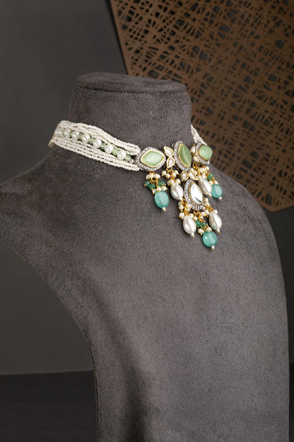 Fusion Choker in Diamonds & Jadau Kundan with Mint Green Beads  White Rhodium & Gold Polish  Adjustable Thread