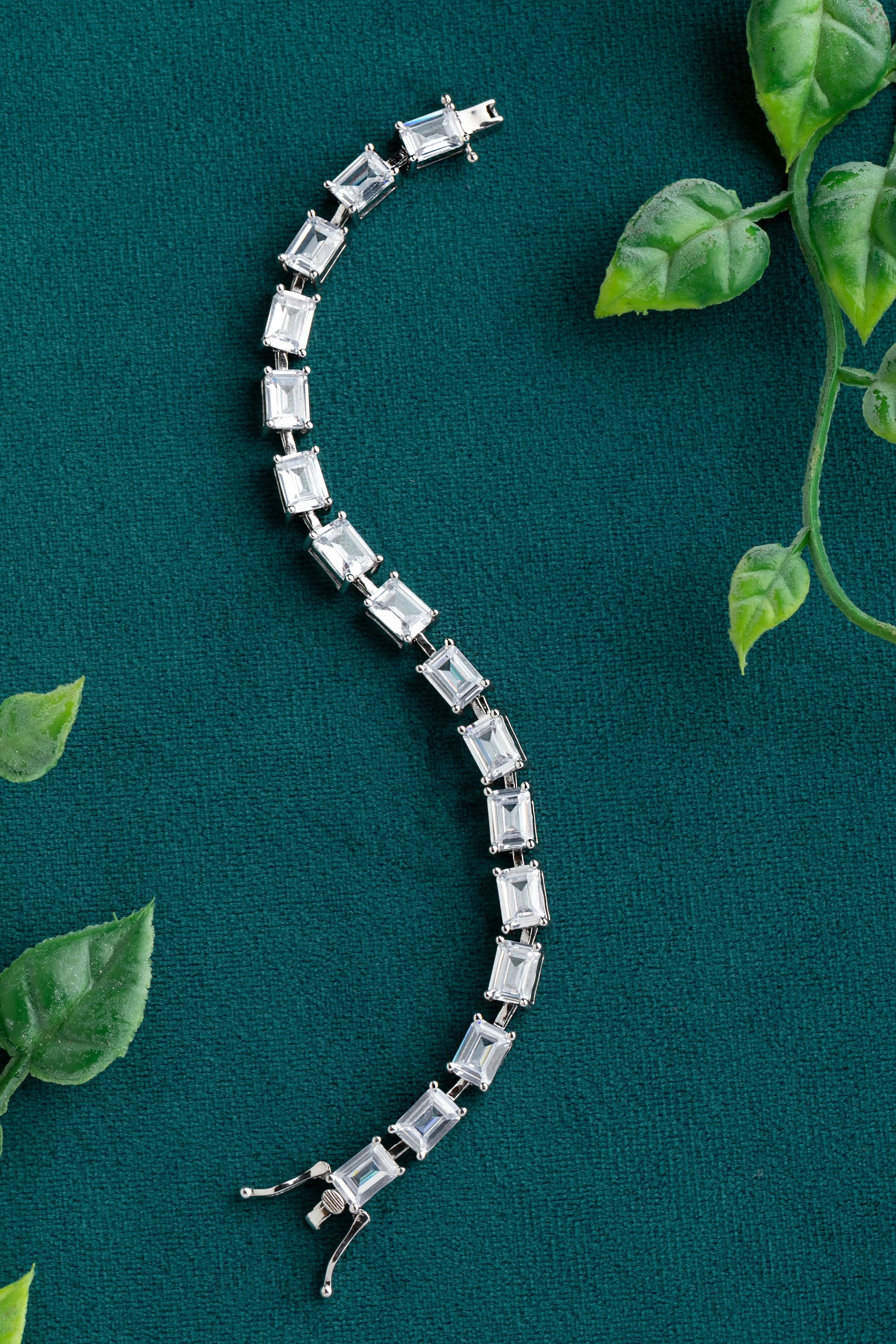 Baguette Diamond Stone Tennis Bracelet White Rhodium Polish 6-Inch Elegant Jewellery