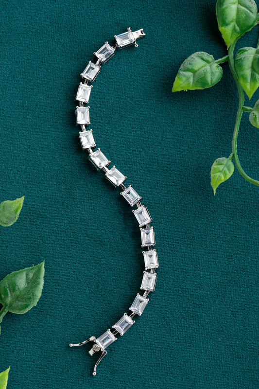 Baguette Diamond Stone Tennis Bracelet White Rhodium Polish 6-Inch Elegant Jewellery