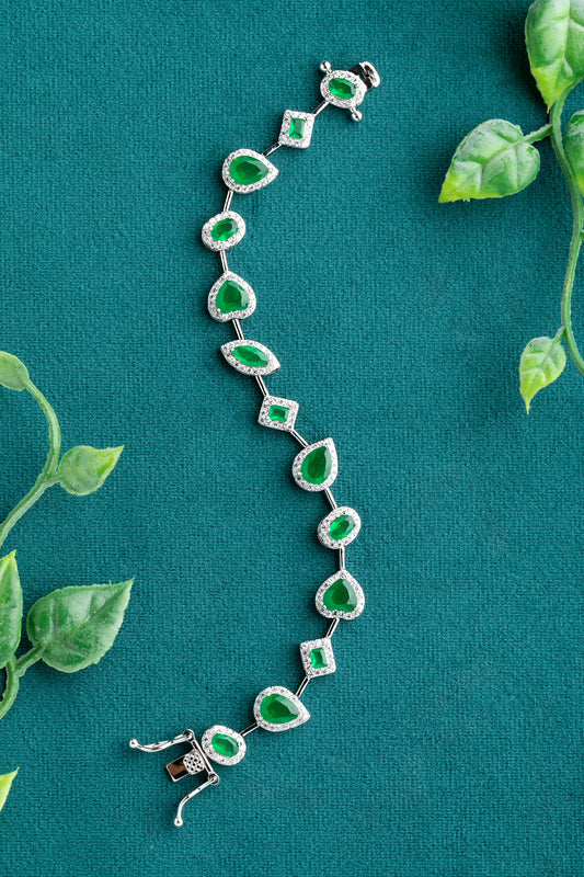 Multi-Shaped Tennis Bracelet with Emerald Green-Coloured Stone White Rhodium Polish 7-Inch Elegant Jewellery