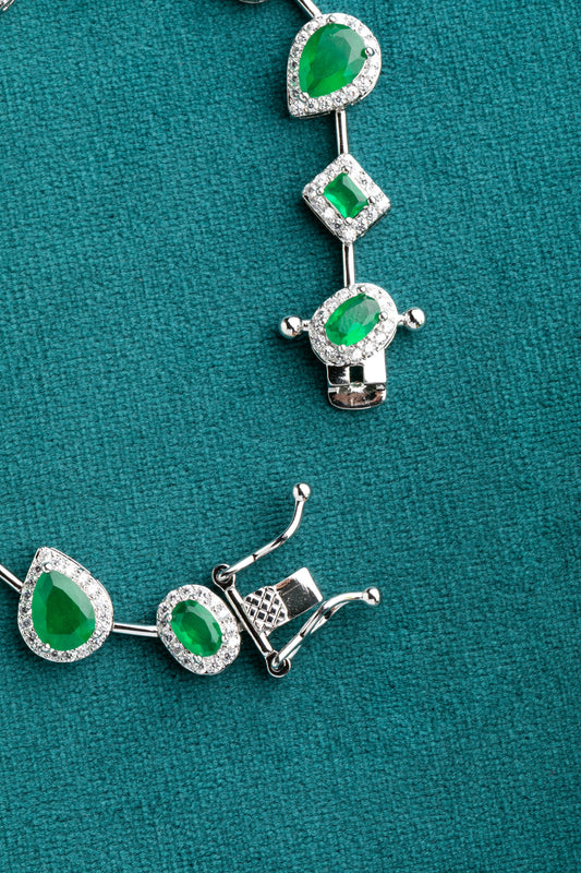 Multi-Shaped Tennis Bracelet with Emerald Green-Coloured Stone  White Rhodium Polish  7-Inch Elegant Jewellery