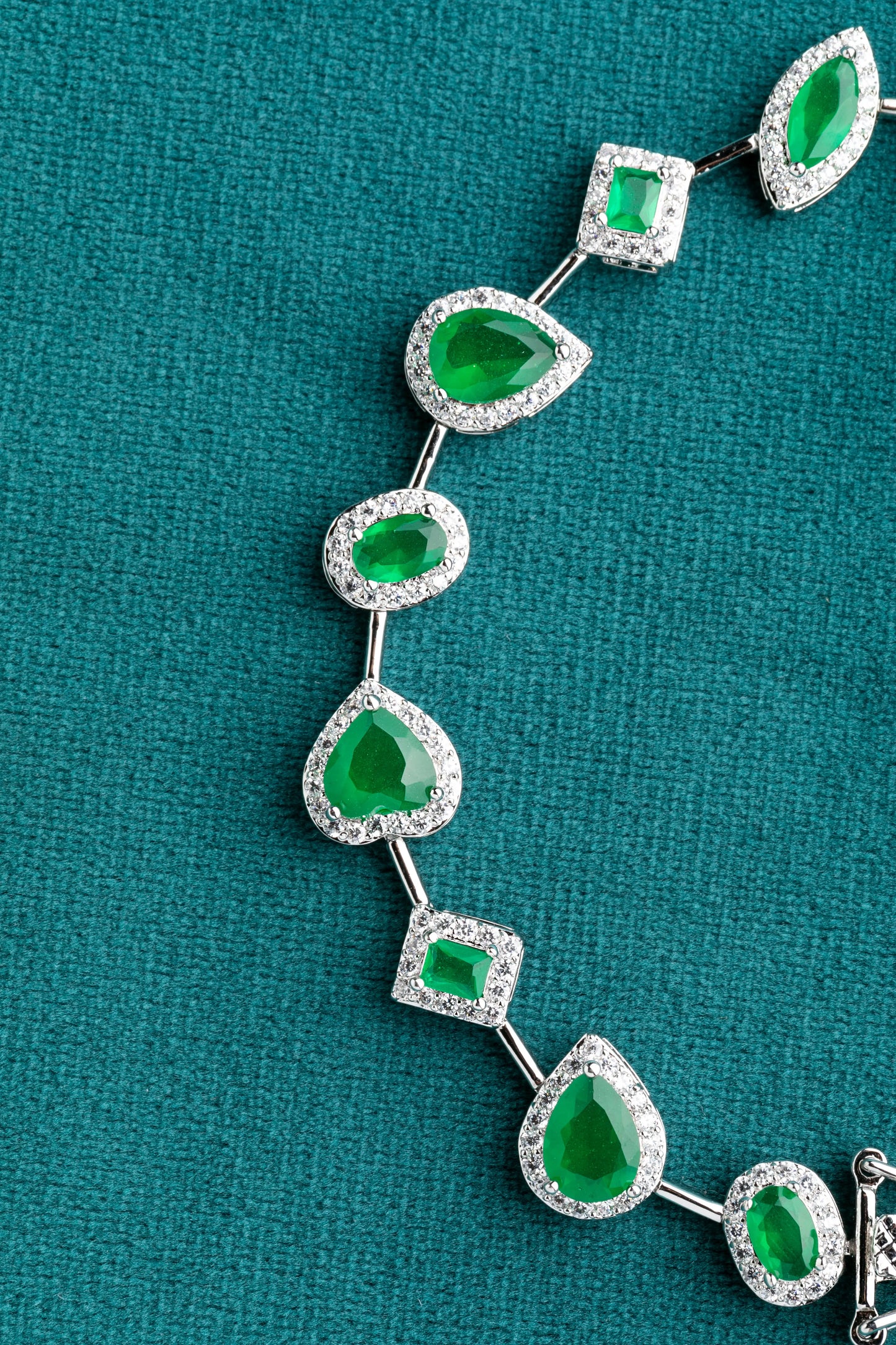 Multi-Shaped Tennis Bracelet with Emerald Green-Coloured Stone  White Rhodium Polish  7-Inch Elegant Jewellery