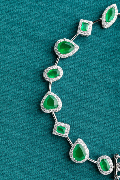 Multi-Shaped Tennis Bracelet with Emerald Green-Coloured Stone  White Rhodium Polish  7-Inch Elegant Jewellery
