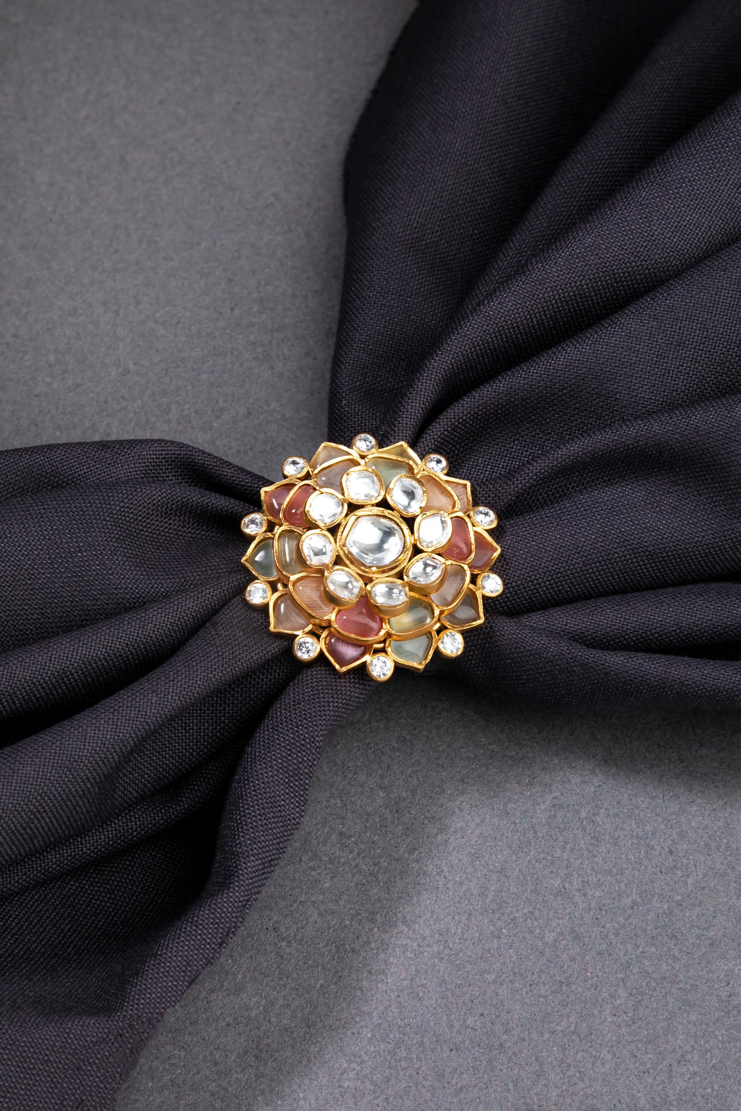 Unshaped Kundan Ring with Multi Pastel-Coloured Stones Floral Design Matte Gold Finish Adjustable Size