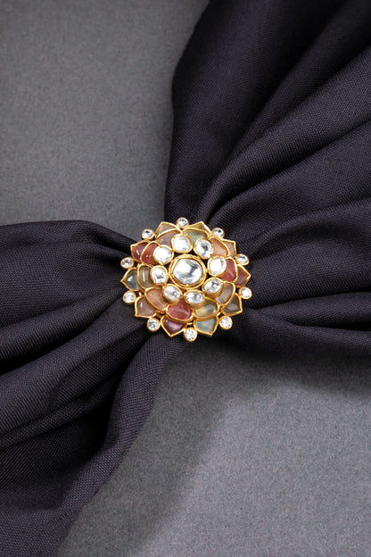 Unshaped Kundan Ring with Multi Pastel-Coloured Stones Floral Design Matte Gold Finish Adjustable Size