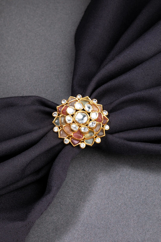 Unshaped Kundan Ring with Multi Pastel-Coloured Stones Floral Design Matte Gold Finish Adjustable Size