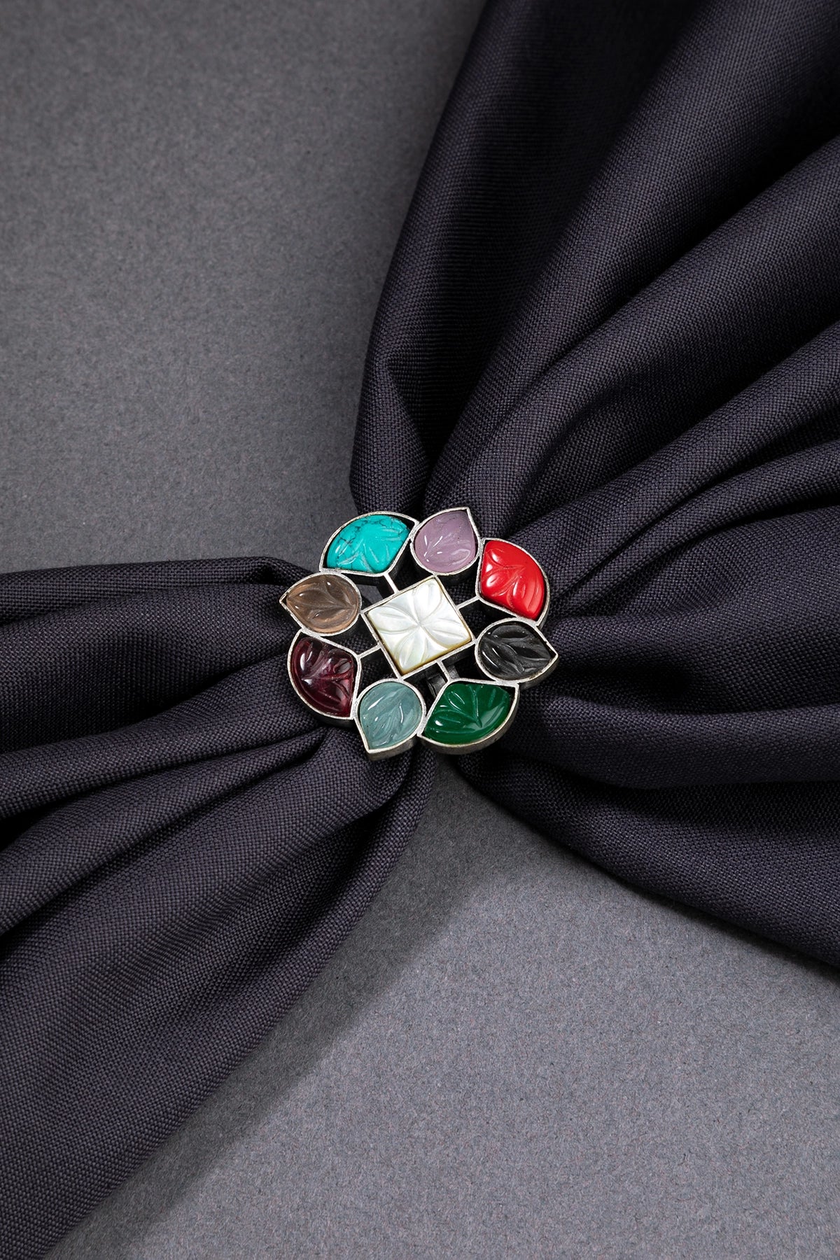 MOP Ring with Multicoloured Carved Stones Navgraha-Inspired Oxidised Silver Adjustable Size