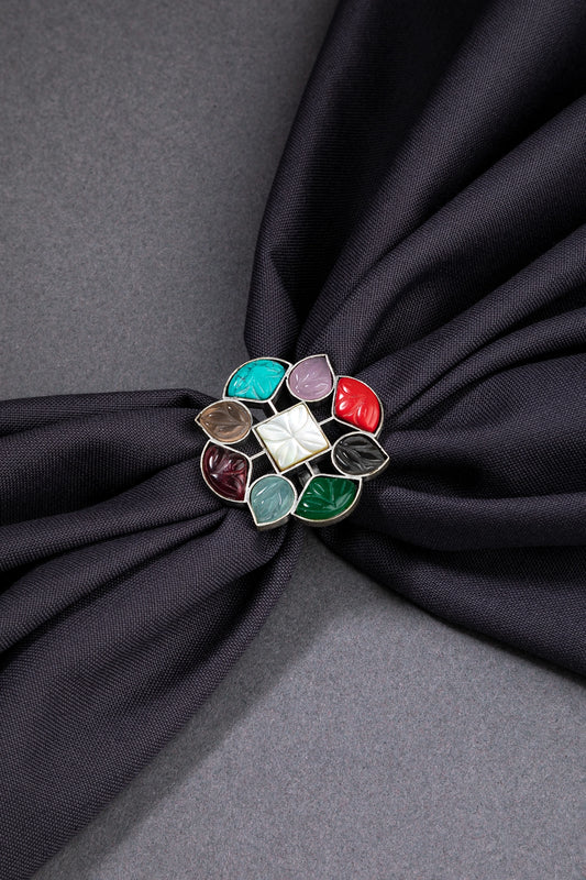 MOP Ring with Multicoloured Carved Stones Navgraha-Inspired Oxidised Silver Adjustable Size