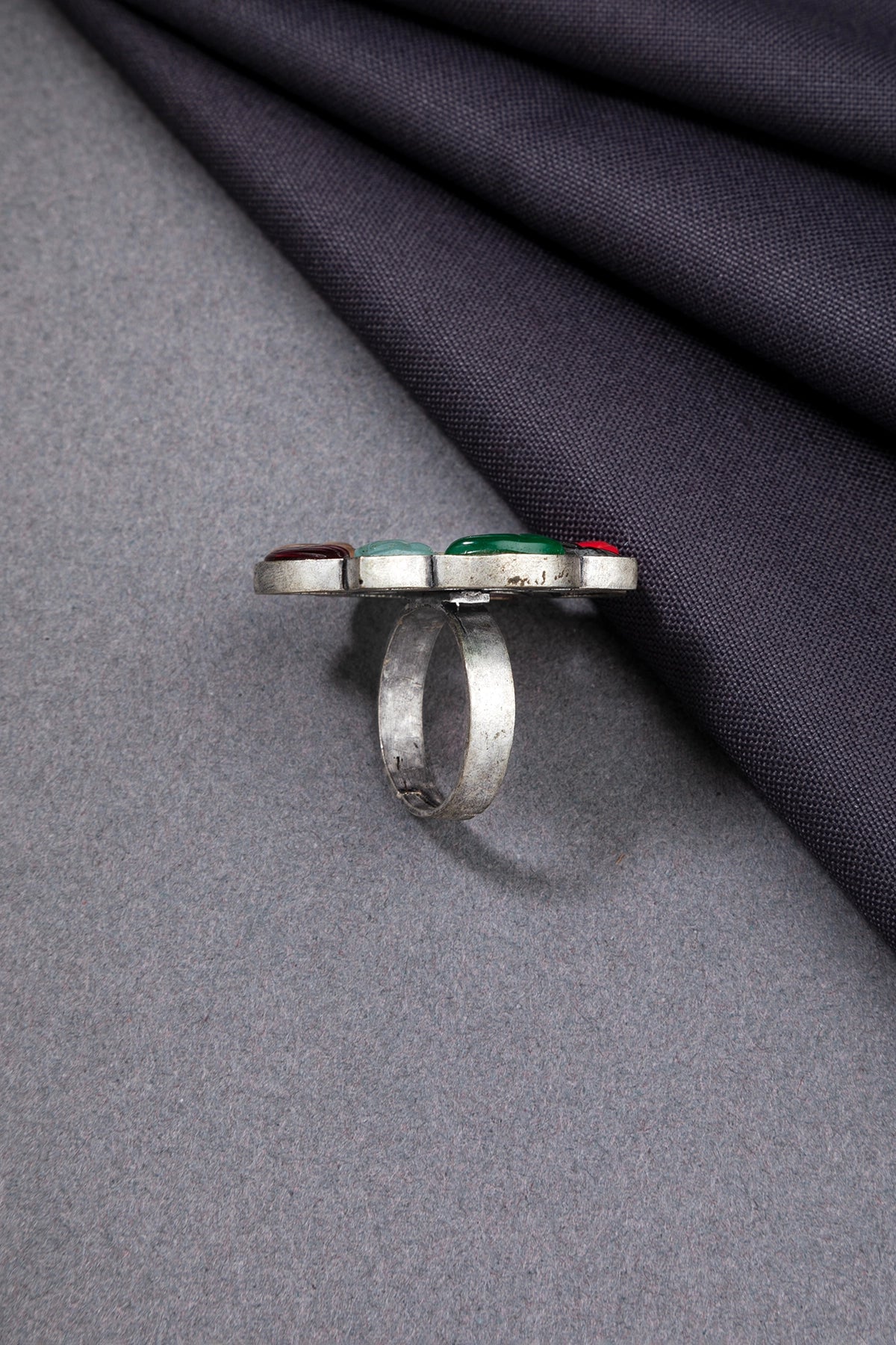 MOP Ring with Multicoloured Carved Stones  Navgraha-Inspired  Oxidised Silver  Adjustable Size