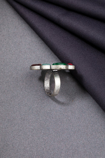 MOP Ring with Multicoloured Carved Stones  Navgraha-Inspired  Oxidised Silver  Adjustable Size