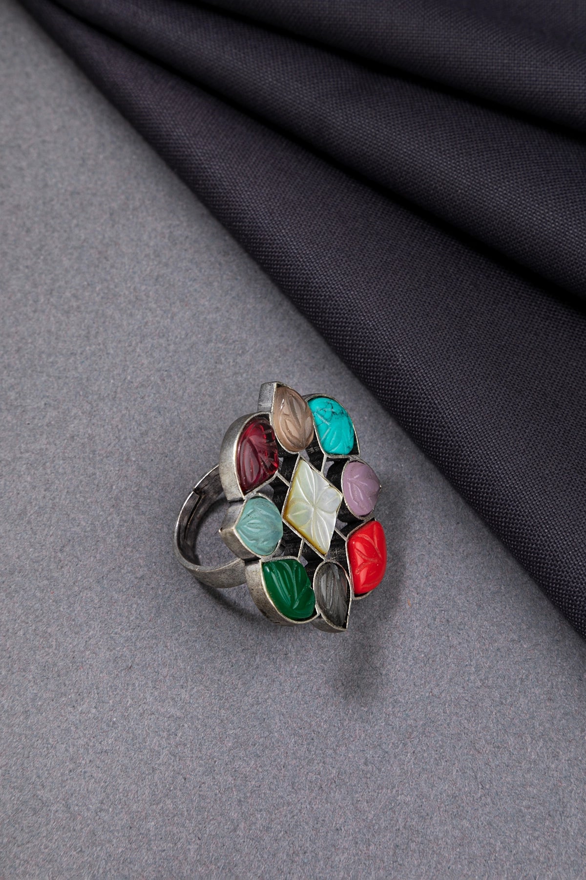 MOP Ring with Multicoloured Carved Stones  Navgraha-Inspired  Oxidised Silver  Adjustable Size