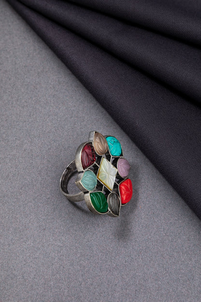 MOP Ring with Multicoloured Carved Stones  Navgraha-Inspired  Oxidised Silver  Adjustable Size