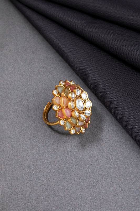 Unshaped Kundan Ring with Multi Pastel-Coloured Stones  Floral Design  Matte Gold Finish  Adjustable Size