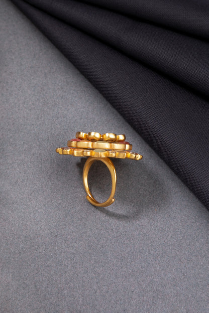 Unshaped Kundan Ring with Multi Pastel-Coloured Stones  Floral Design  Matte Gold Finish  Adjustable Size