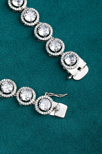 Classic Solitaire Necklace with Small Diamond Border  White Rhodium Polish  18-Inch Clasp Locking  Elegant Jewellery