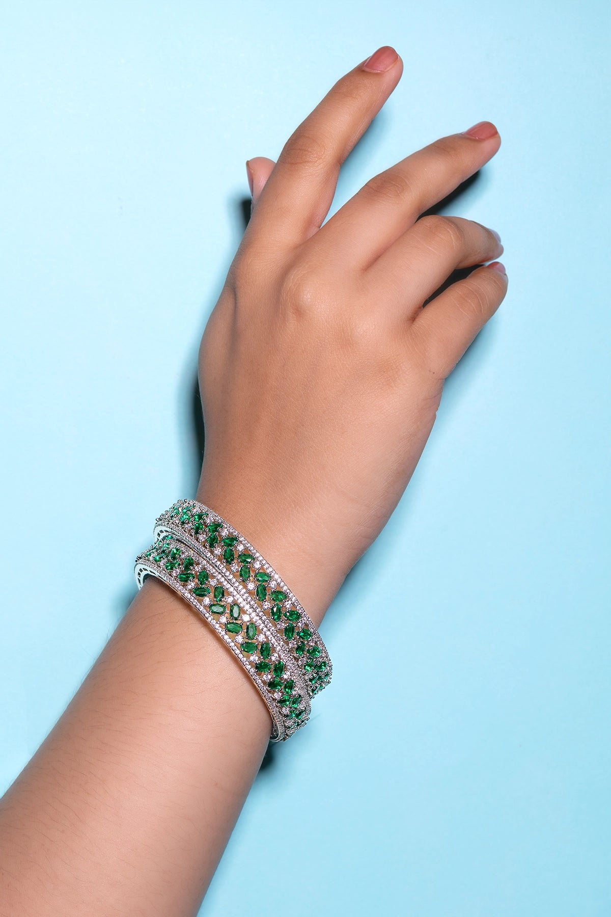 Emerald Green Cubic Zirconia Bangles Set White Rhodium Polish Non-Openable Sizes 2.4/2.6/2.8/2.10