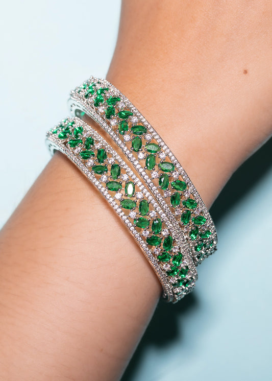 Lattice Design Cubic Zirconia Bangles in Green  White Rhodium Finish  Non-Openable  Sizes 2.2/2.4/2.6/2.8/2.10