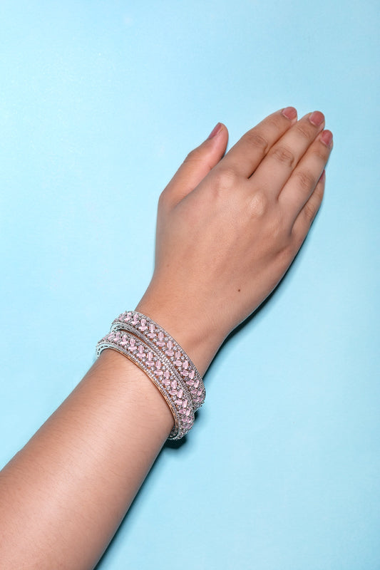 Powder Pink Cubic Zirconia Bangles with Lattice Design White Rhodium Finish Non-Openable Sizes 2.2/2.4/2.6/2.8