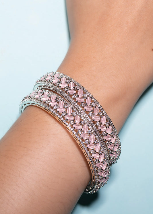 Powder Pink Cubic Zirconia Bangles with Lattice Design  White Rhodium Finish  Non-Openable  Sizes 2.2/2.4/2.6/2.8