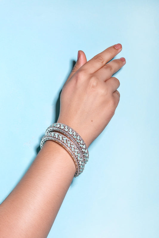 Lattice Design Cubic Zirconia Bangles in Green White Rhodium Finish Non-Openable Sizes 2.2/2.4/2.6/2.8/2.10