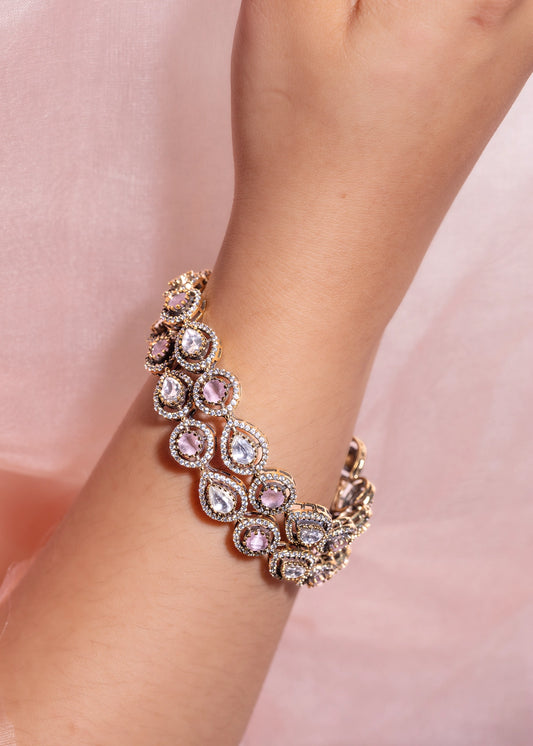 Victorian Gold Kundan Bangles with Pastel Pink Stones & Cubic Zirconia Non-Openable Sizes 2.6/2.8