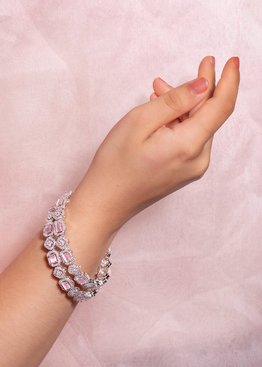 Pastel Pink Cubic Zirconia Bangles Set White Rhodium Polish Non-Openable Sizes 2.6 & 2.8