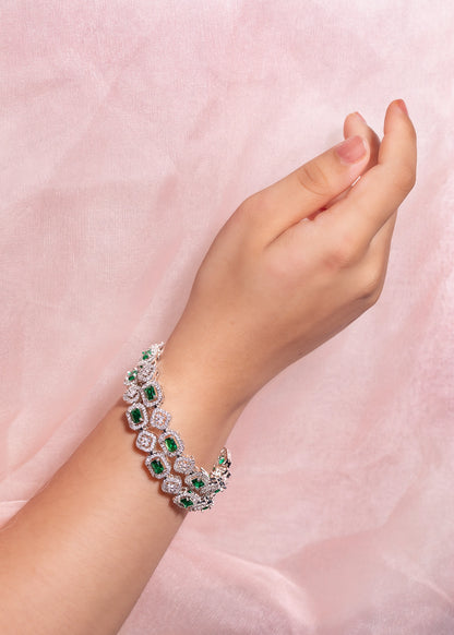 Emerald Green Cubic Zirconia Bangles Set  White Rhodium Polish  Non-Openable  Sizes 2.4/2.6/2.8/2.10