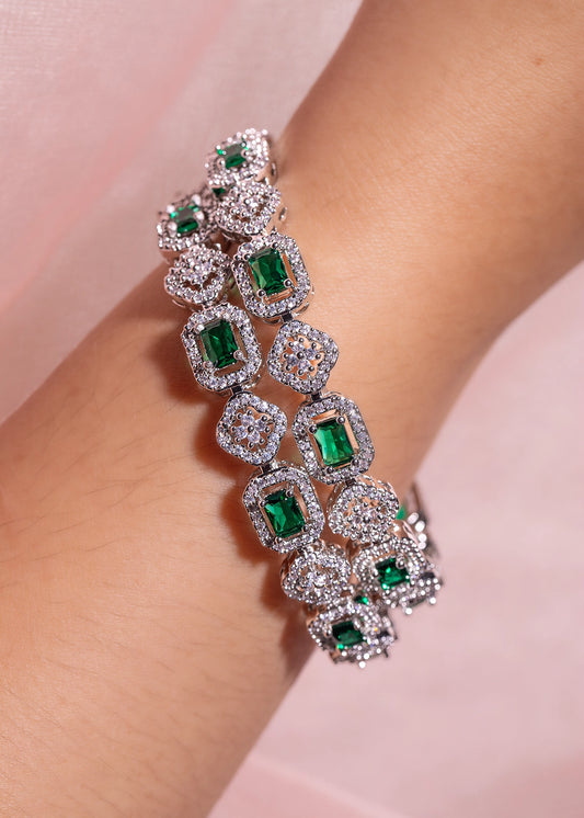 Emerald Green Cubic Zirconia Bangles Set  White Rhodium Polish  Non-Openable  Sizes 2.4/2.6/2.8/2.10