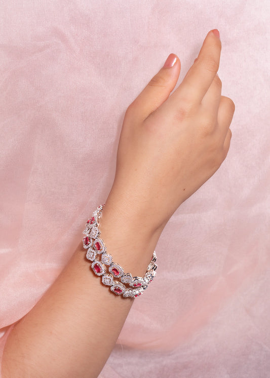 Pink Cubic Zirconia Bangles Set White Rhodium Polish Non-Openable Sizes 2.2/2.4/2.8/2.10