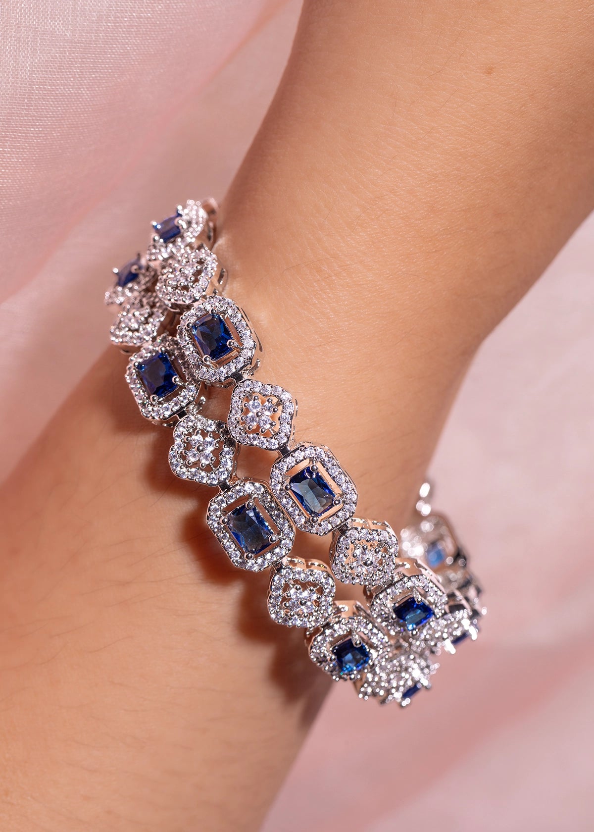 Blue Cubic Zirconia Bangles Set  White Rhodium Polish  Non-Openable  Sizes 2.2/2.6/2.8/2.10
