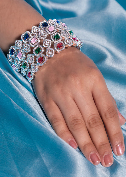Blue Cubic Zirconia Bangles Set  White Rhodium Polish  Non-Openable  Sizes 2.2/2.6/2.8/2.10