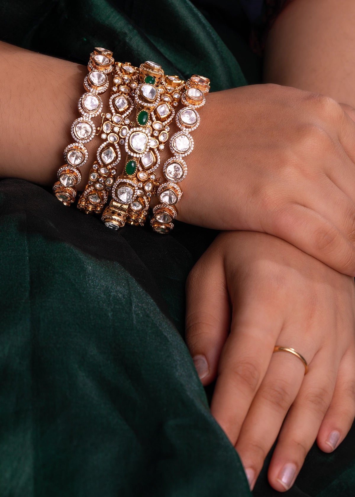 Contemporary Unshaped Kundan Bangle with Cubic Zirconia Border  Matt Gold Finish  Openable  Size 2.6